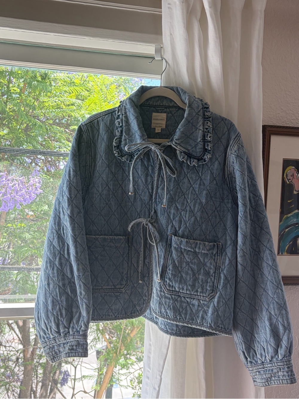 Quilted Light Blue Denim Jacket with Ruffle Collar and Tie